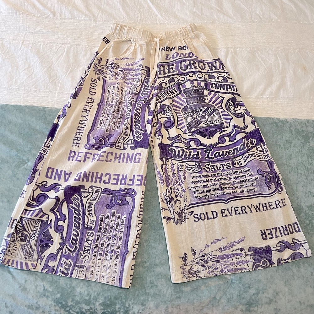 Lavender Vintage Sack Wide Leg Cropped Pants - 100% Cotton - One Size